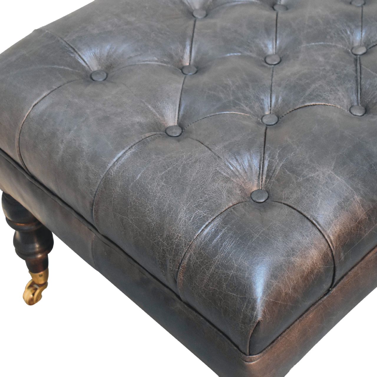Buffalo Ash Black Leather Bench Ottoman – Solid Mango Wood Castor Legs