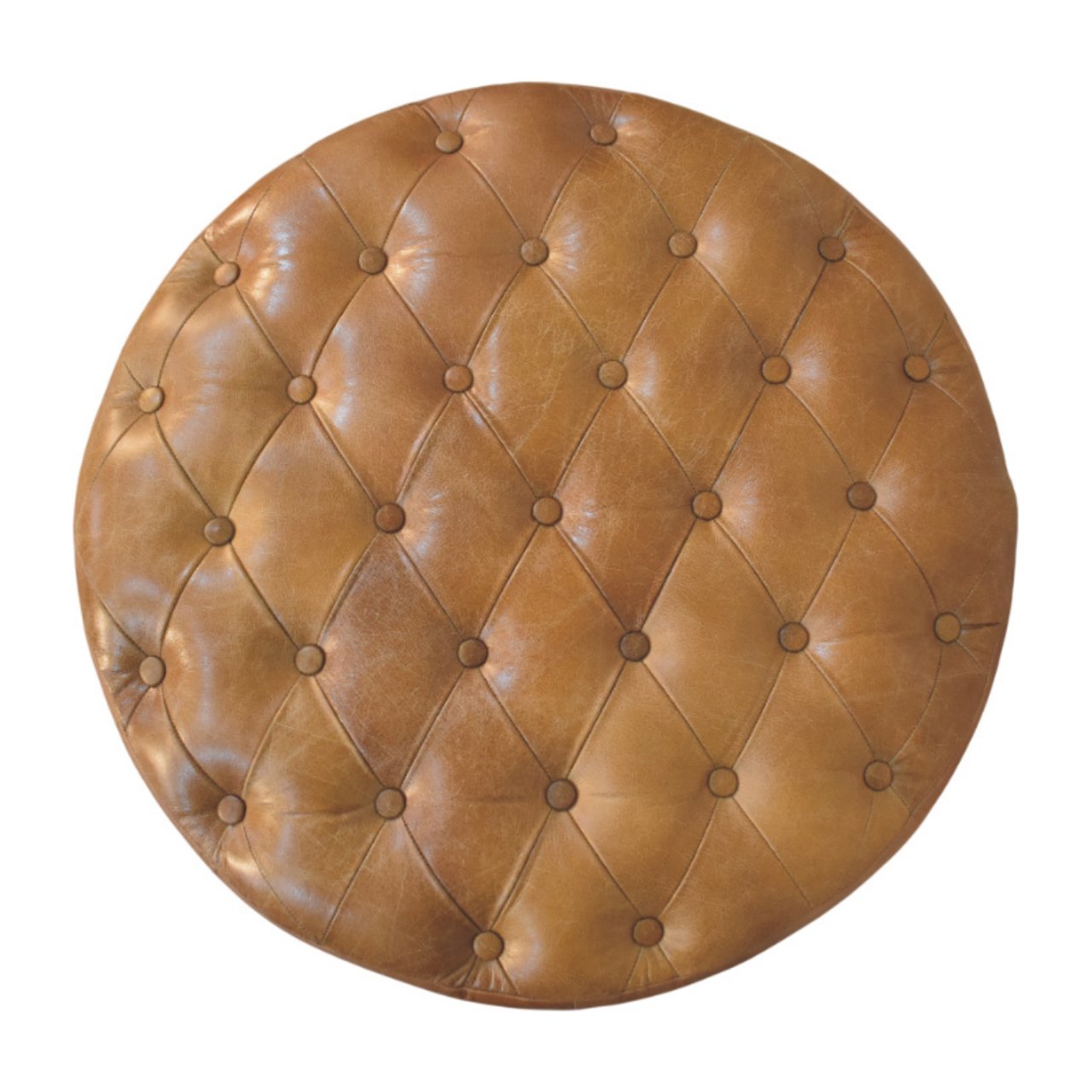 Brown Buffalo Leather Round Ottoman – Solid Mango Wood Castor Legs