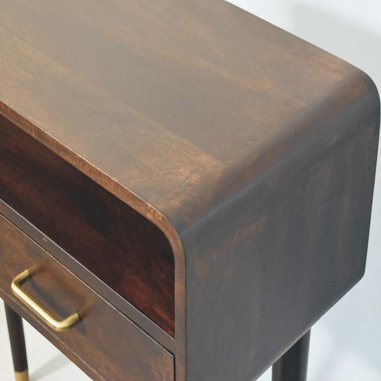 Apollo Curved Console Desk – Solid Mango Wood with Brass Accents