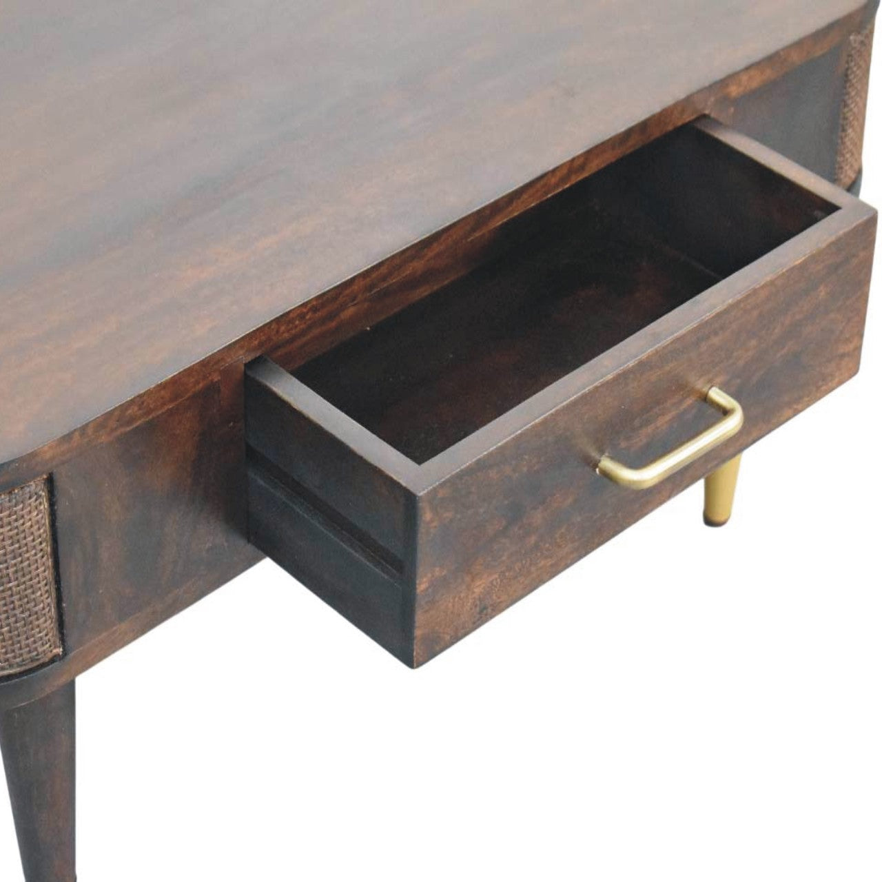 Velvet Mocha Coffee Table with Drawer & Brass Accents – Elegant Solid Mango Wood Table