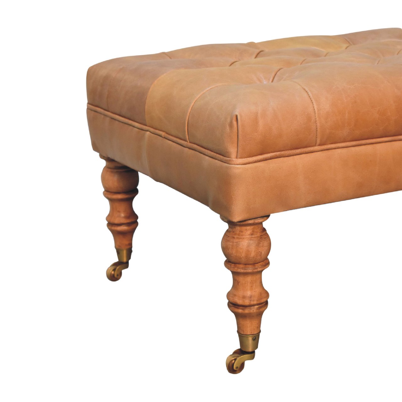 Buffalo Tan Leather Ottoman – Solid Mango Wood Castor Legs
