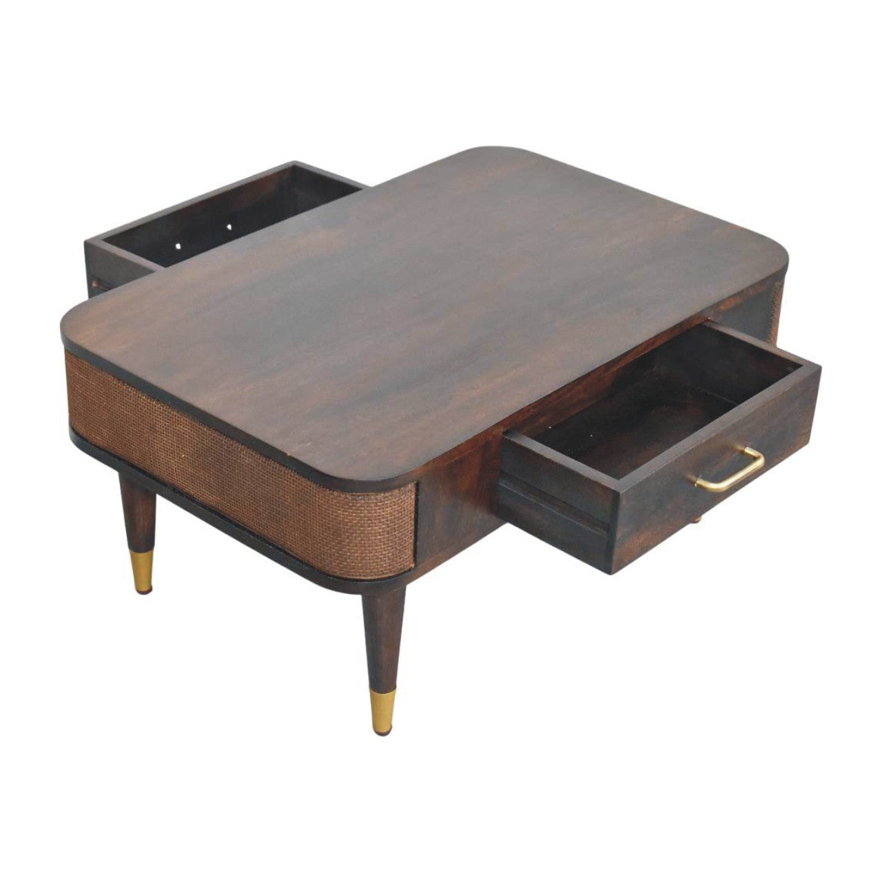 Velvet Mocha Coffee Table with Drawer & Brass Accents – Elegant Solid Mango Wood Table