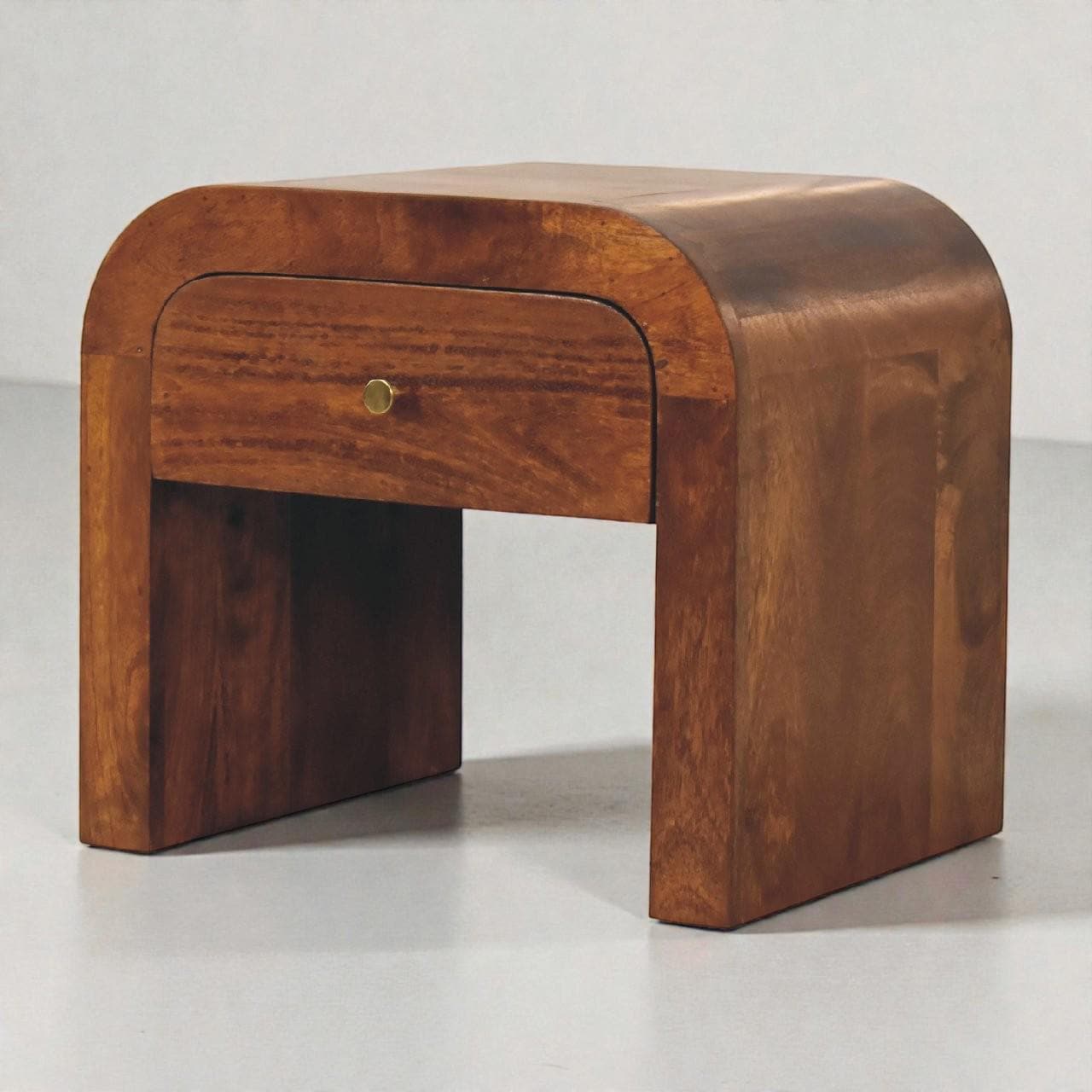 Handcrafted Solid Mango Wood Nightstand | Chestnut Bedside Table with Drawer & Rounded Design