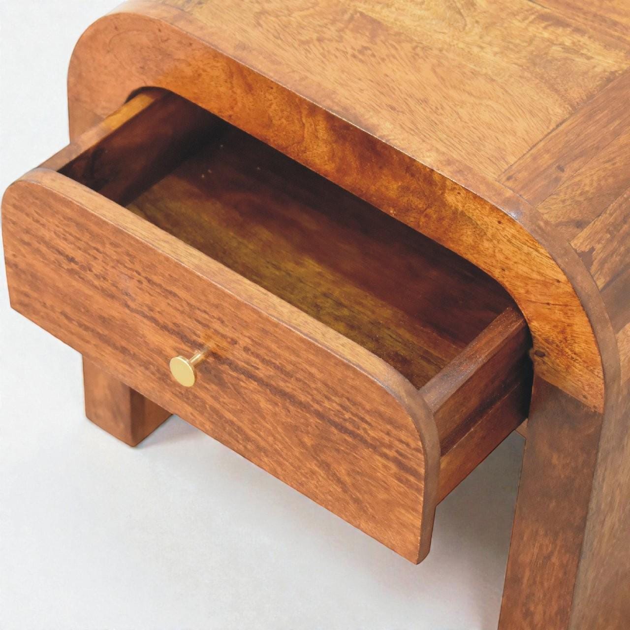 Handcrafted Solid Mango Wood Nightstand | Chestnut Bedside Table with Drawer & Rounded Design
