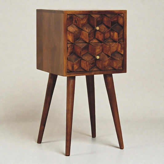 Handcrafted Mango Wood Nightstand with Carved Drawers | Mini Chestnut Bedside Table
