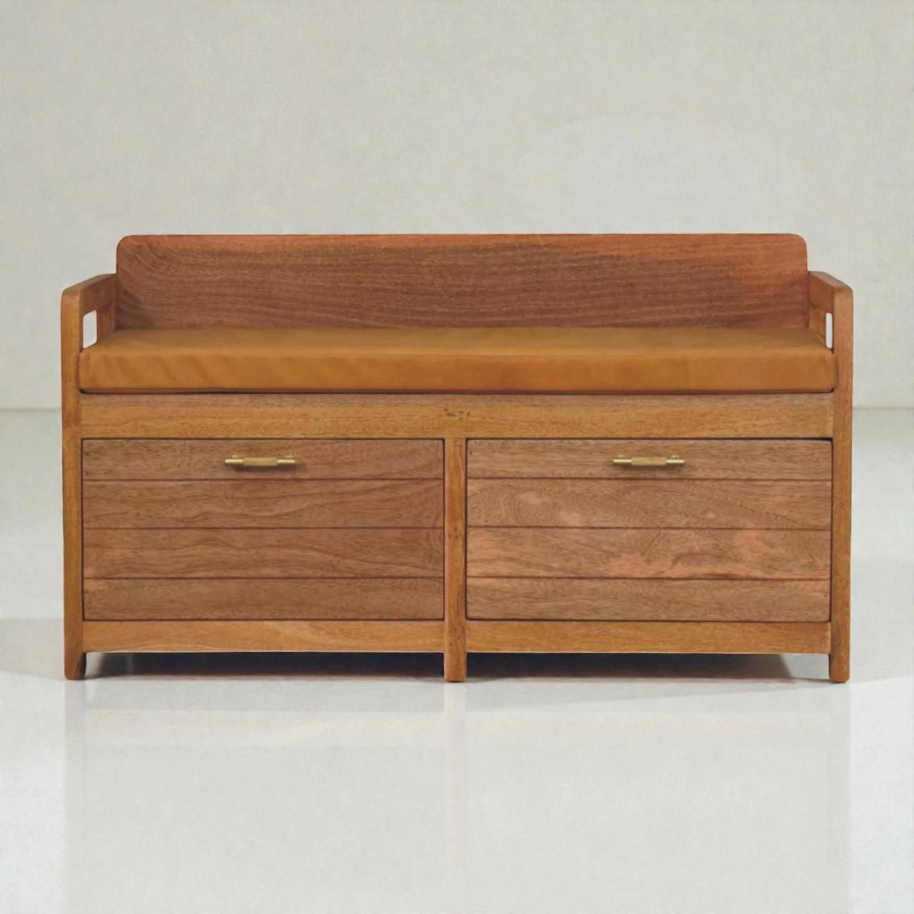 Handcrafted Solid Mango Wood Storage Bench with Leather Seat | Entryway Bench & Drawers