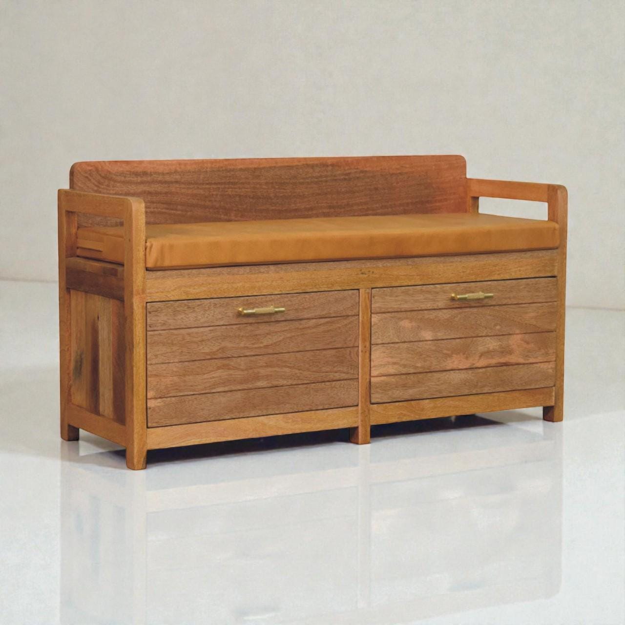Handcrafted Solid Mango Wood Storage Bench with Leather Seat | Entryway Bench & Drawers