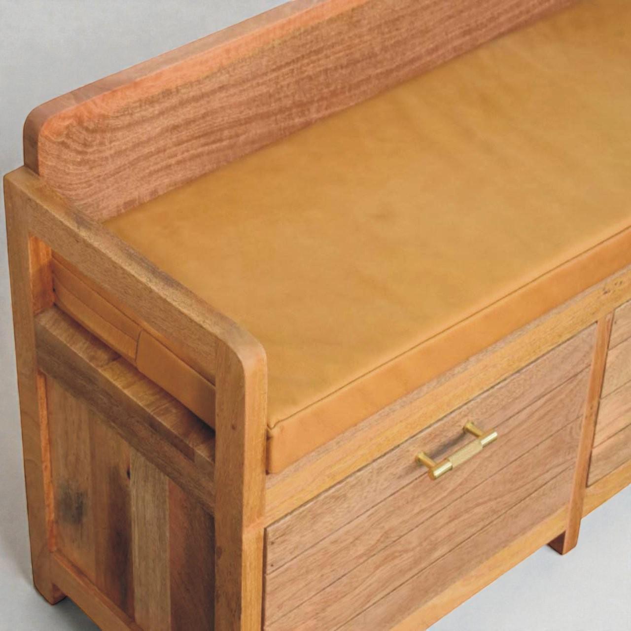 Handcrafted Solid Mango Wood Storage Bench with Leather Seat | Entryway Bench & Drawers
