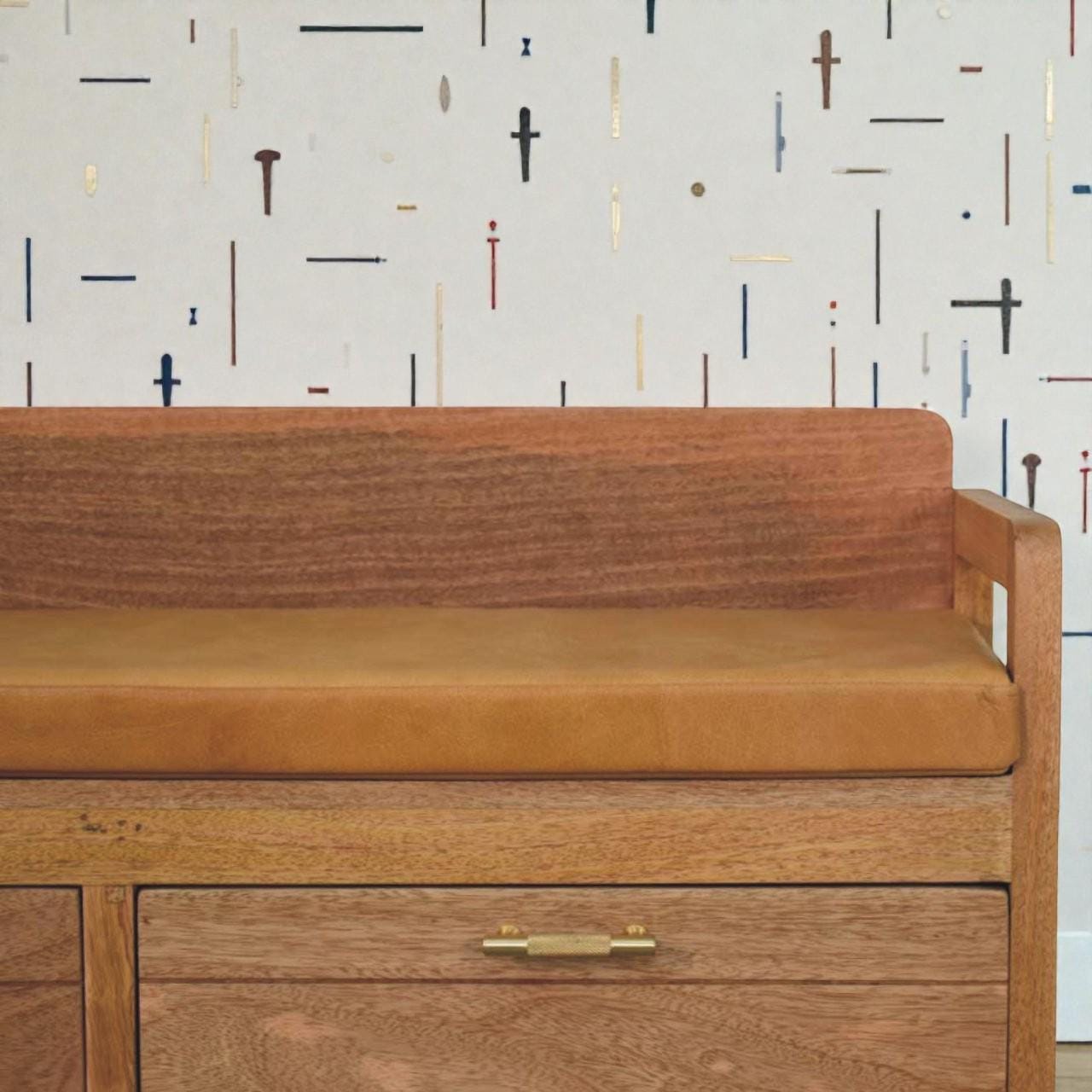 Handcrafted Solid Mango Wood Storage Bench with Leather Seat | Entryway Bench & Drawers