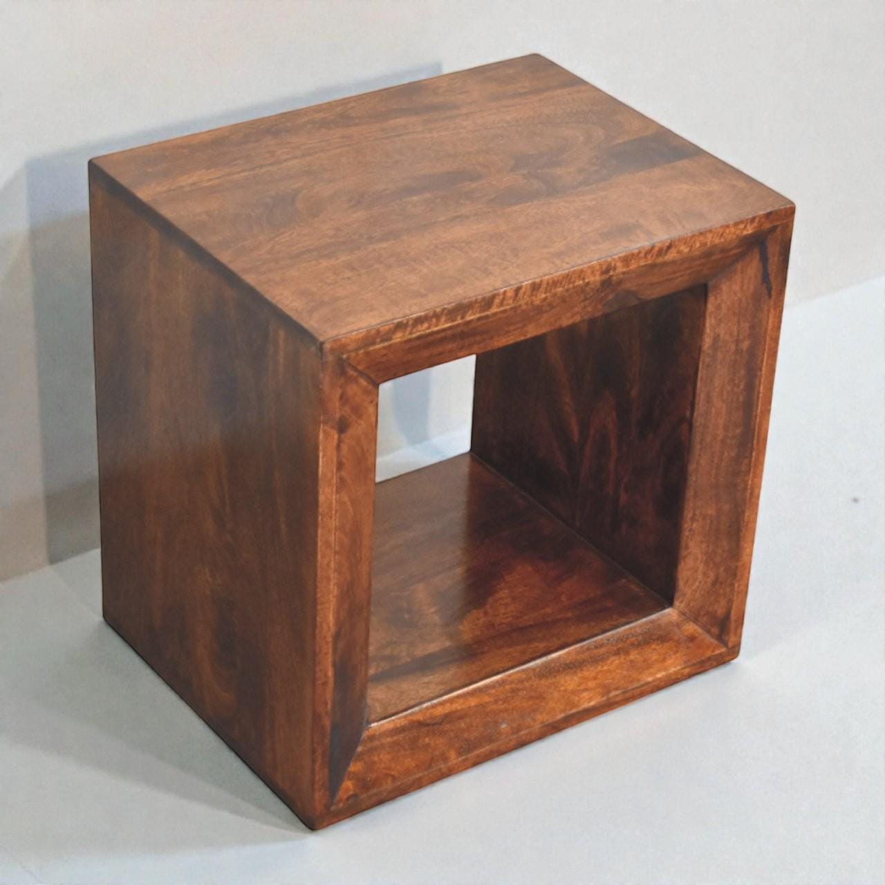 Handcrafted Walnut Cube Side Table  Solid Mango Wood  Modern End Table