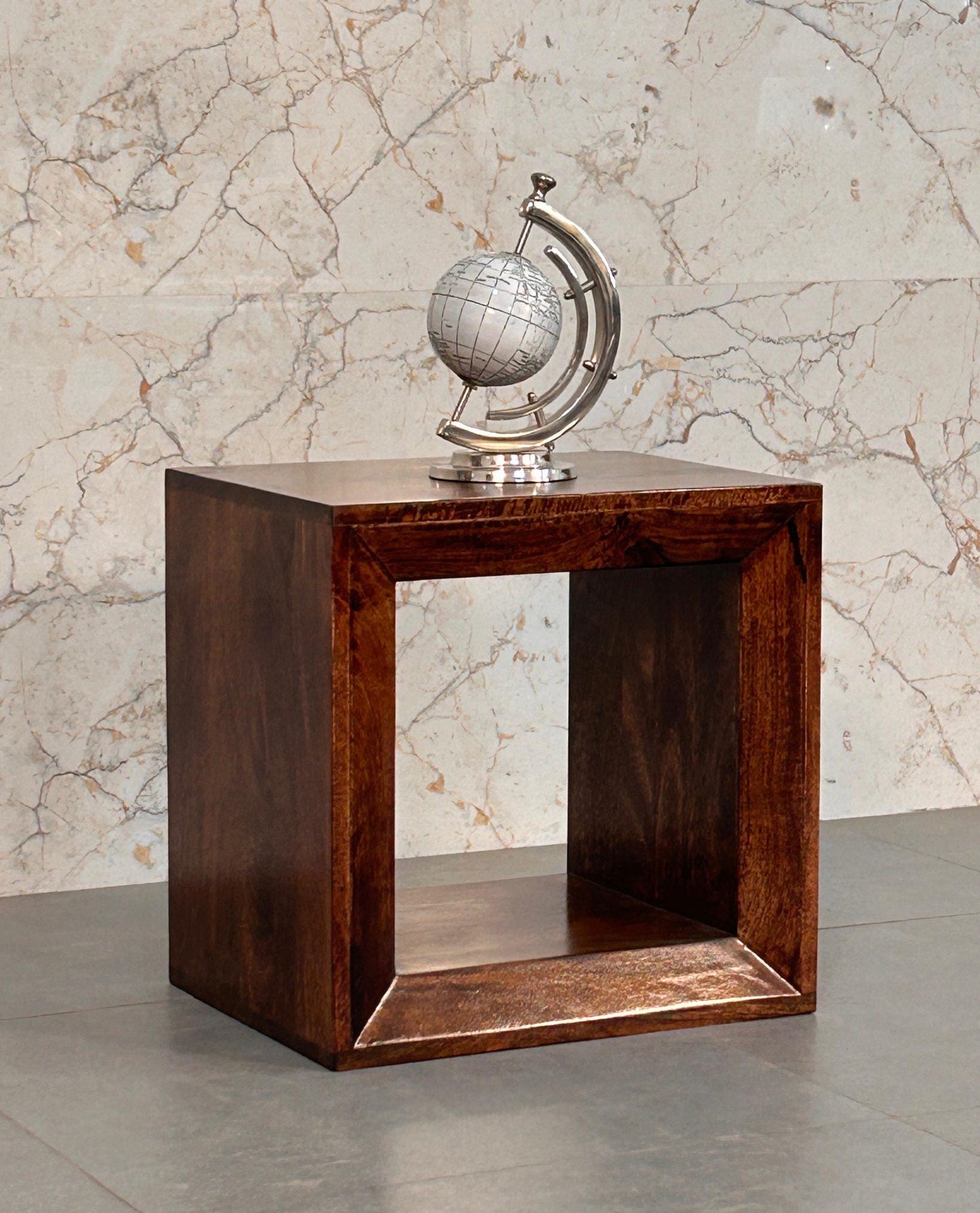 Handcrafted Walnut Cube Side Table  Solid Mango Wood  Modern End Table