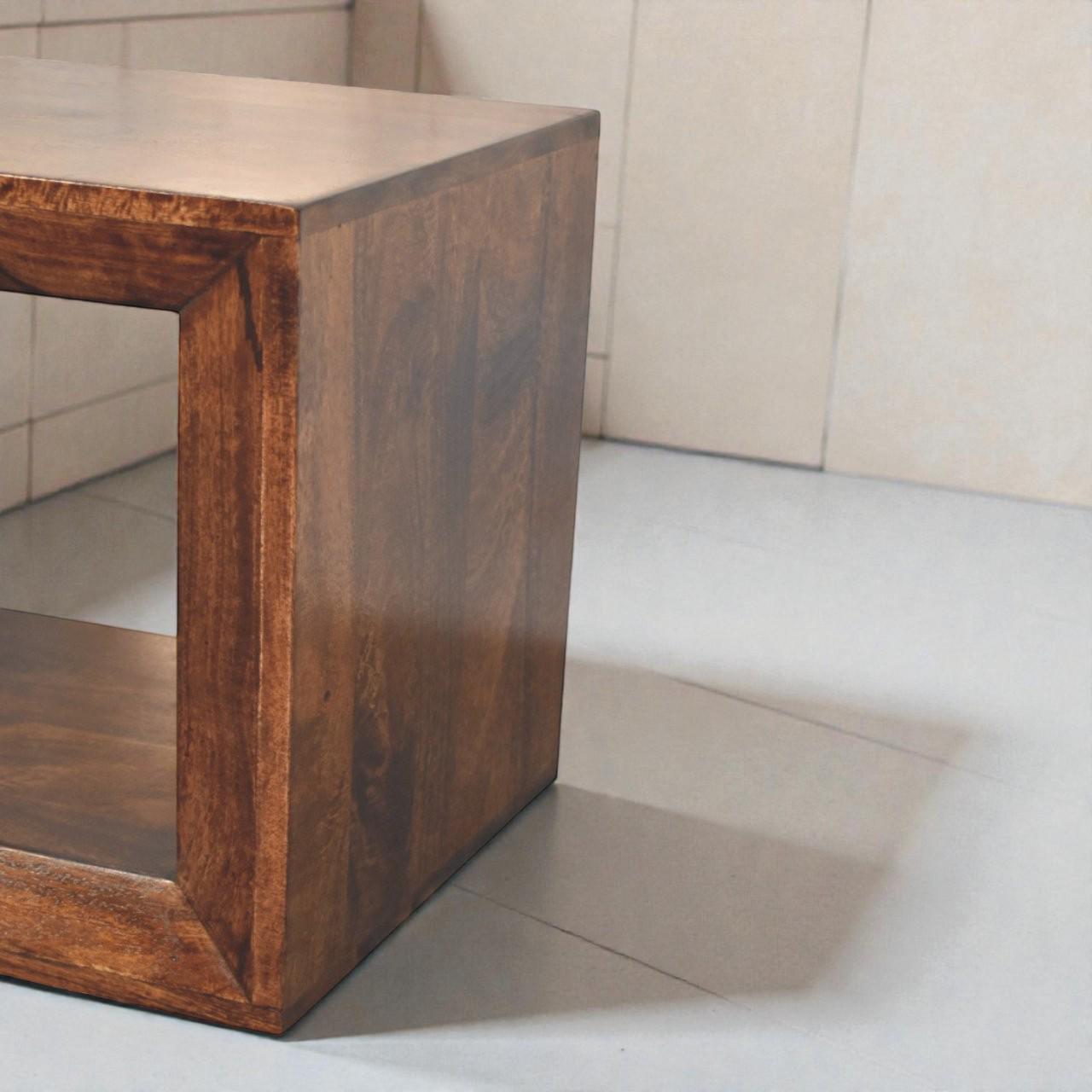 Handcrafted Walnut Cube Side Table  Solid Mango Wood  Modern End Table