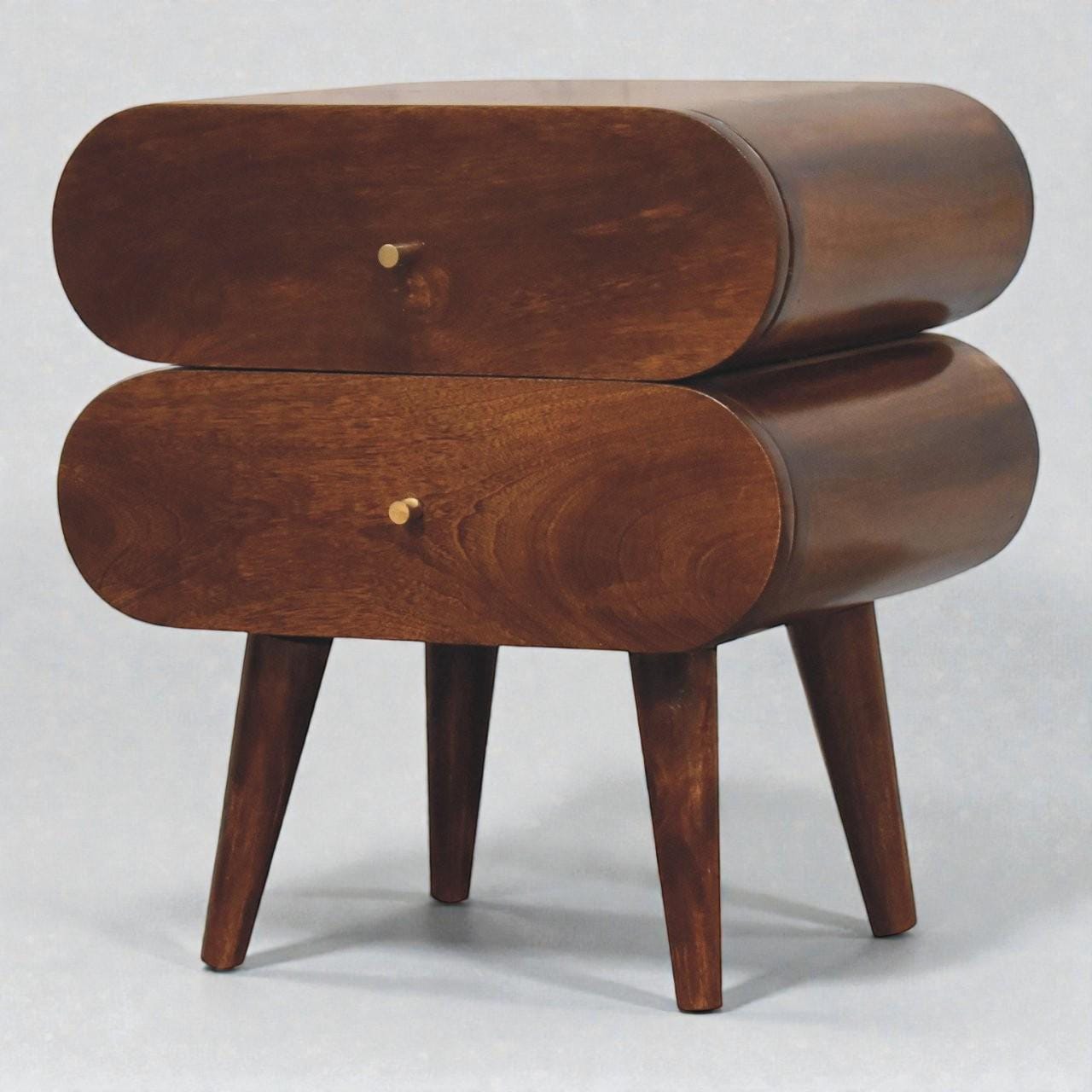 Handcrafted Bubble Bedside Table  Solid Mango Wood, Chestnut Finish, 2 Drawer Capsule Nightstand