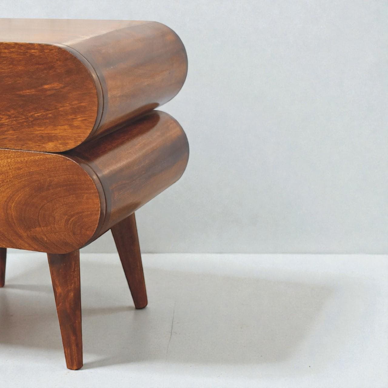 Handcrafted Bubble Bedside Table  Solid Mango Wood, Chestnut Finish, 2 Drawer Capsule Nightstand