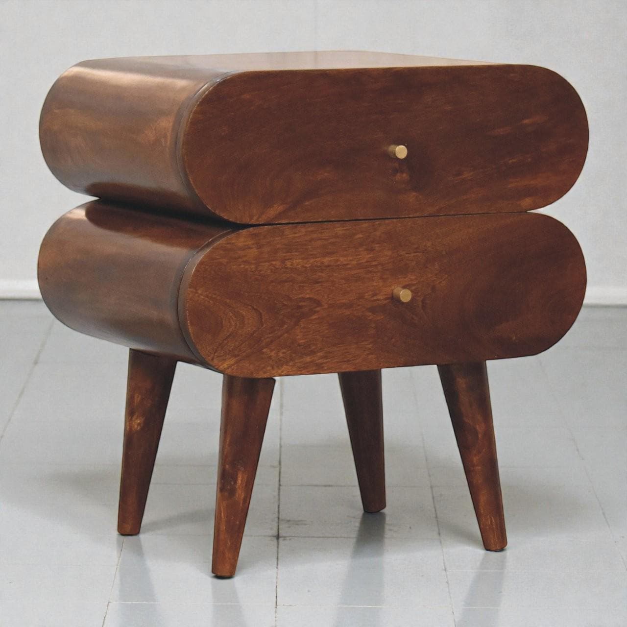 Handcrafted Bubble Bedside Table  Solid Mango Wood, Chestnut Finish, 2 Drawer Capsule Nightstand