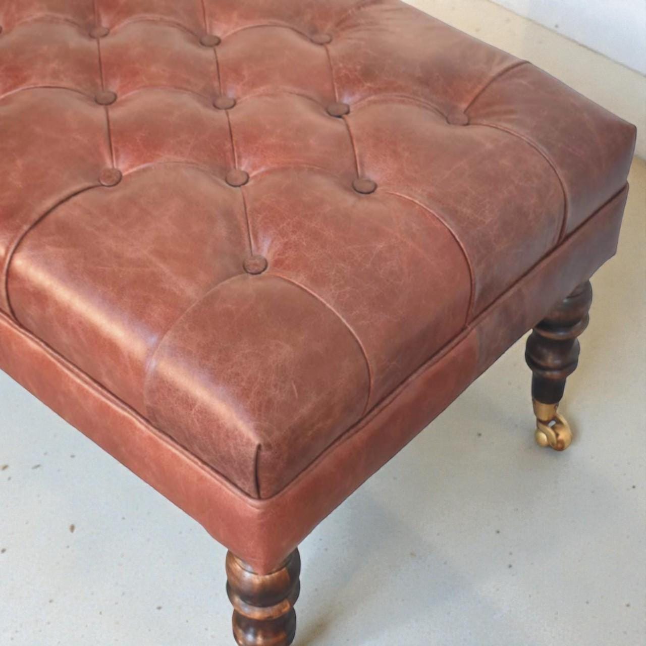 Handcrafted Buffalo Leather Ottoman  Tufted Bench with Castor Legs, Solid Mango Wood