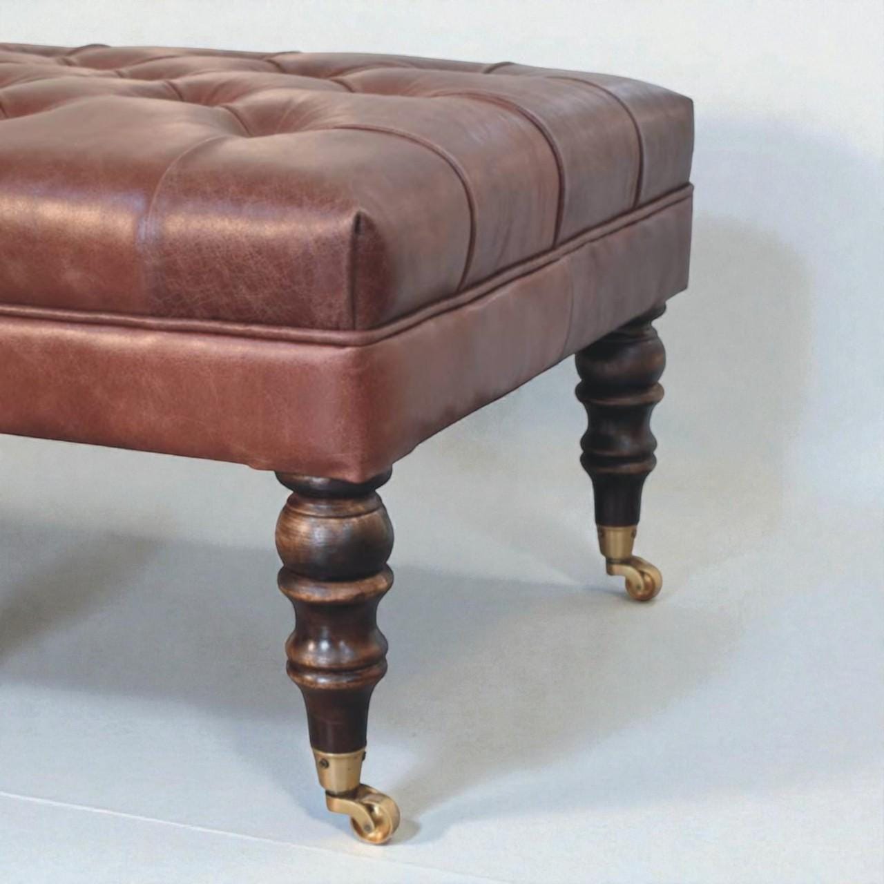 Handcrafted Buffalo Leather Ottoman  Tufted Bench with Castor Legs, Solid Mango Wood
