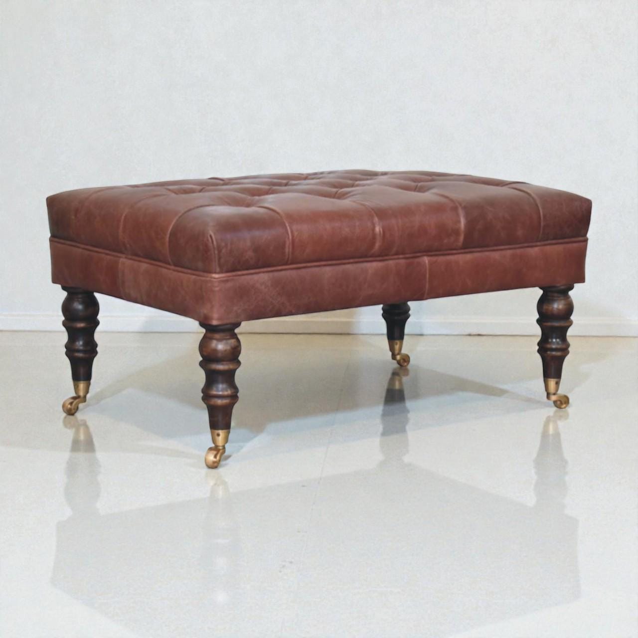 Handcrafted Buffalo Leather Ottoman  Tufted Bench with Castor Legs, Solid Mango Wood