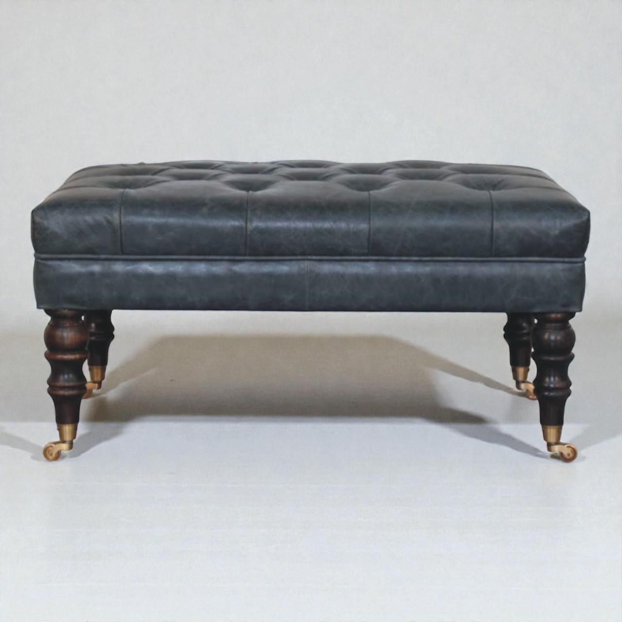 Handcrafted Buffalo Leather Ottoman with Brass Castor Legs  Teal Tufted Bench