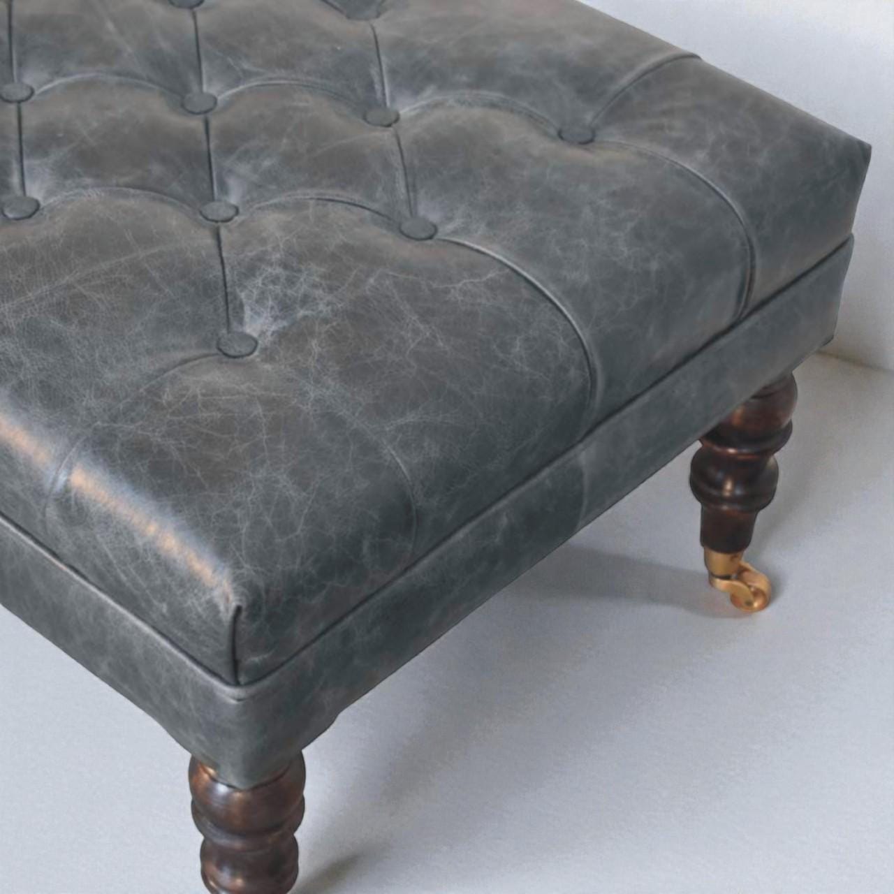 Handcrafted Buffalo Leather Ottoman with Brass Castor Legs  Teal Tufted Bench