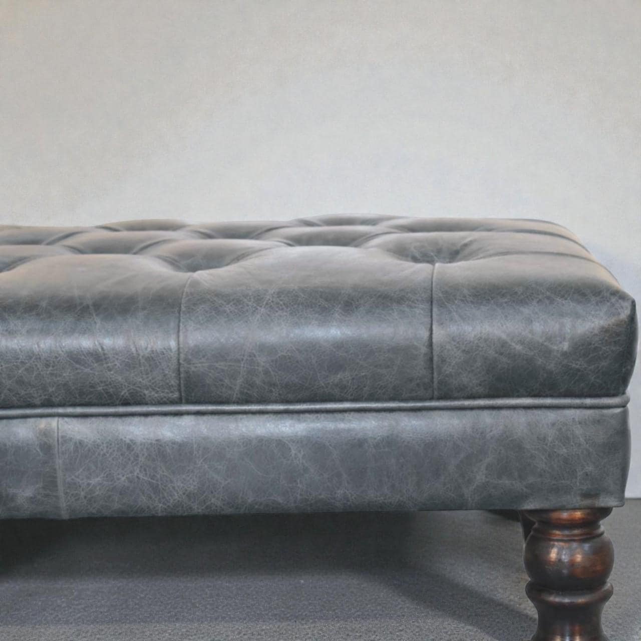 Handcrafted Buffalo Leather Ottoman with Brass Castor Legs  Teal Tufted Bench