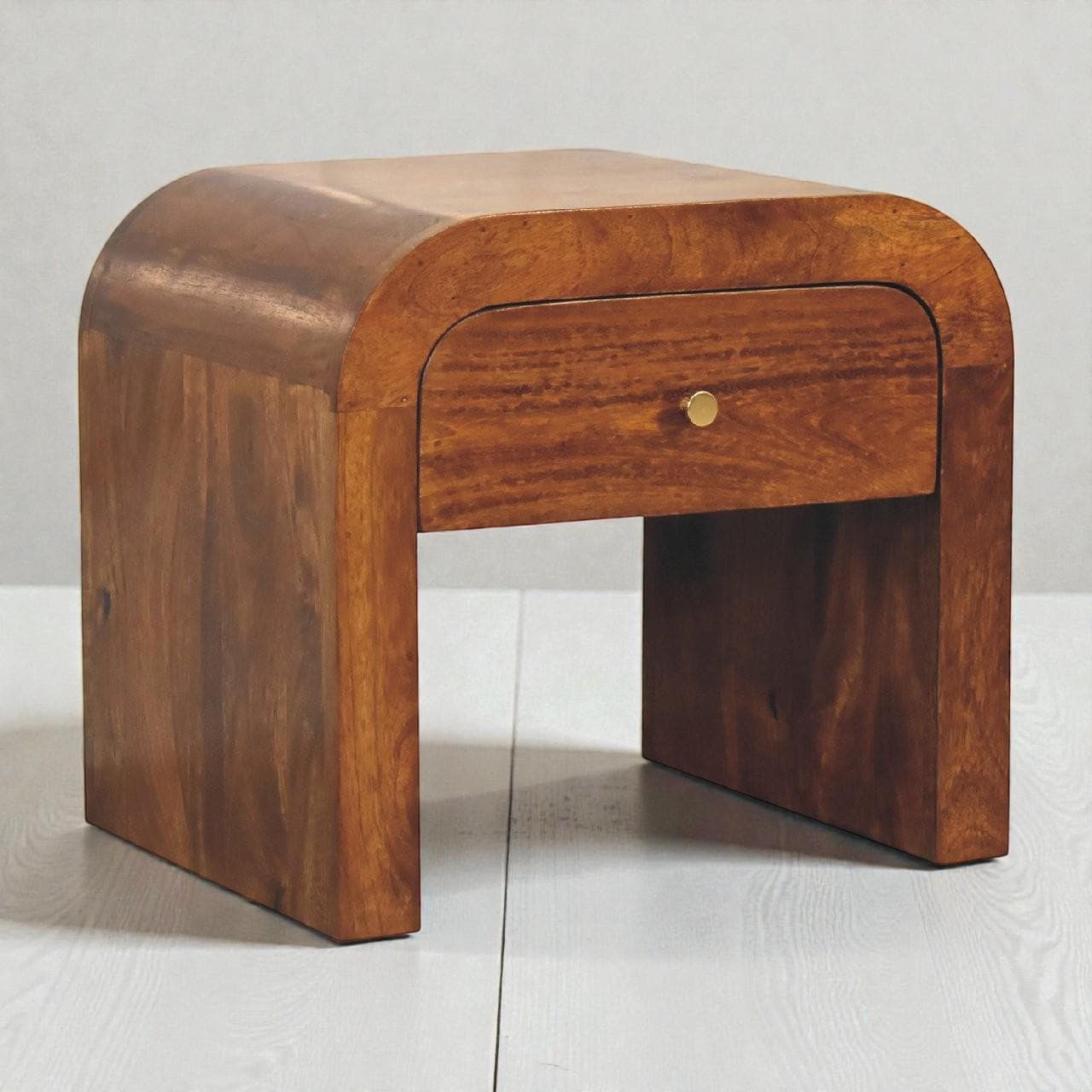 Handcrafted Solid Mango Wood Nightstand | Chestnut Bedside Table with Drawer & Rounded Design