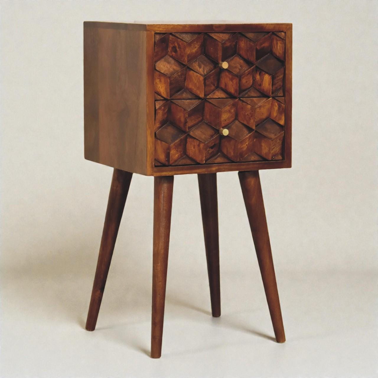 Handcrafted Mango Wood Nightstand with Carved Drawers | Mini Chestnut Bedside Table