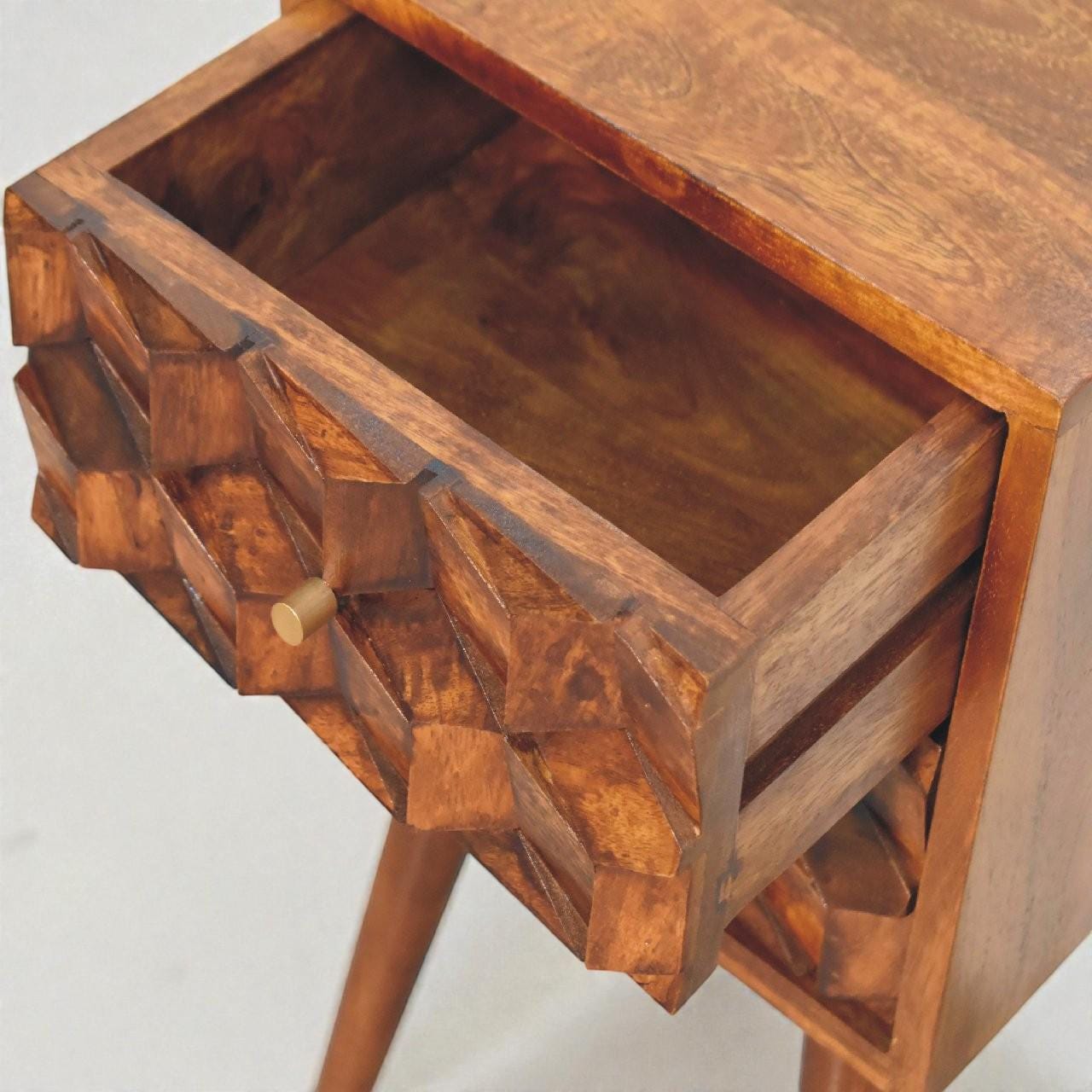 Handcrafted Mango Wood Nightstand with Carved Drawers | Mini Chestnut Bedside Table