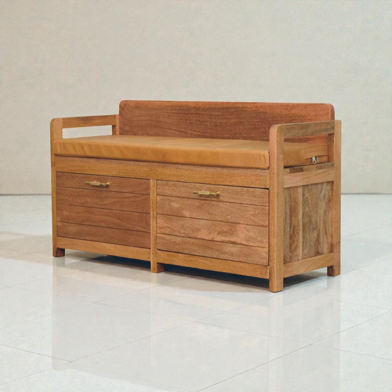 Handcrafted Solid Mango Wood Storage Bench with Leather Seat | Entryway Bench & Drawers