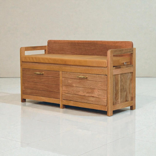 Handcrafted Solid Mango Wood Storage Bench with Leather Seat | Entryway Bench & Drawers
