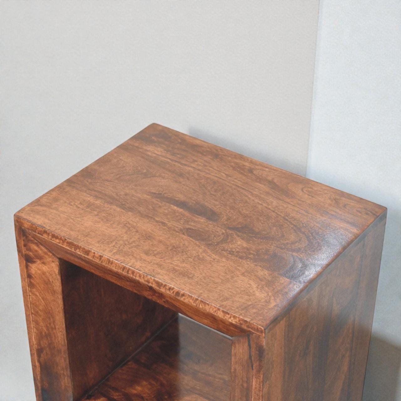 Handcrafted Walnut Cube Side Table  Solid Mango Wood  Modern End Table