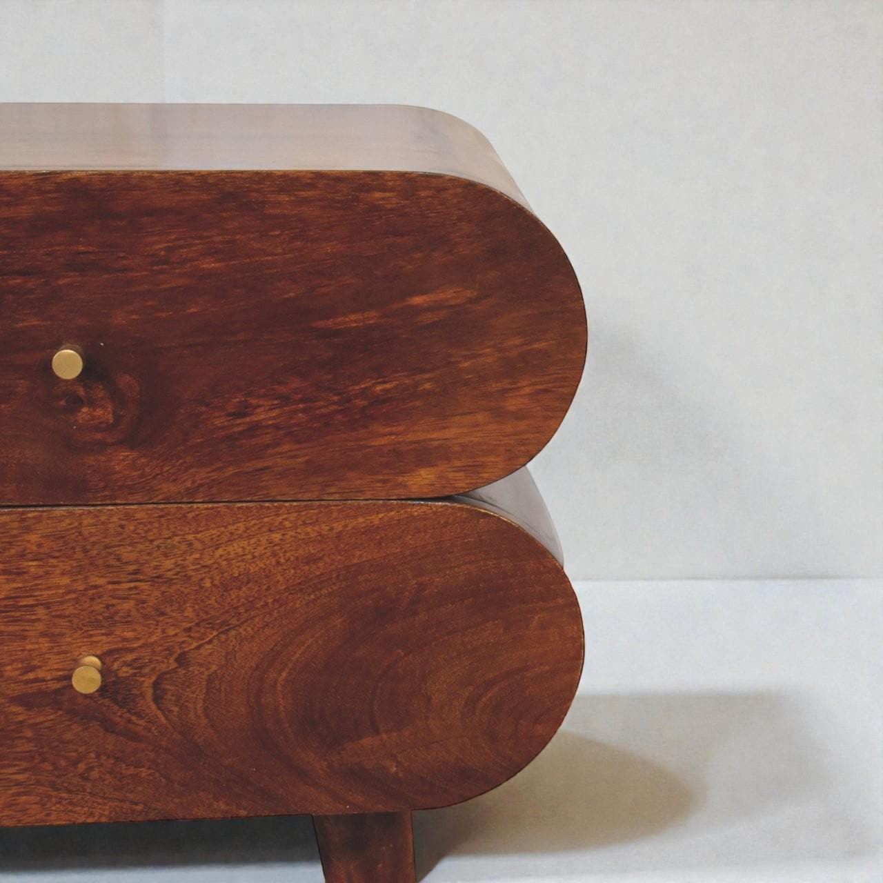 Handcrafted Bubble Bedside Table  Solid Mango Wood, Chestnut Finish, 2 Drawer Capsule Nightstand