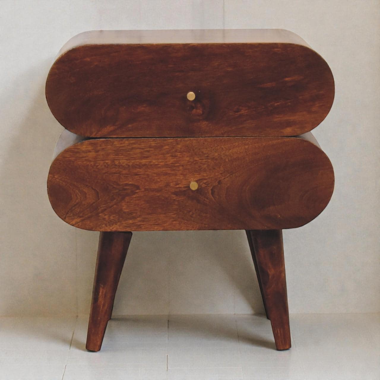 Handcrafted Bubble Bedside Table  Solid Mango Wood, Chestnut Finish, 2 Drawer Capsule Nightstand