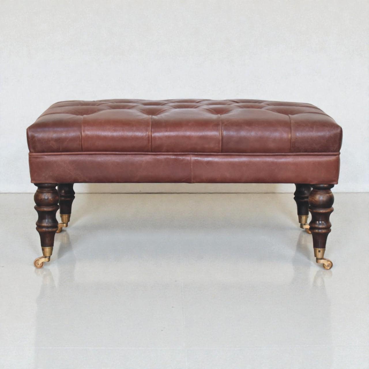 Handcrafted Buffalo Leather Ottoman  Tufted Bench with Castor Legs, Solid Mango Wood