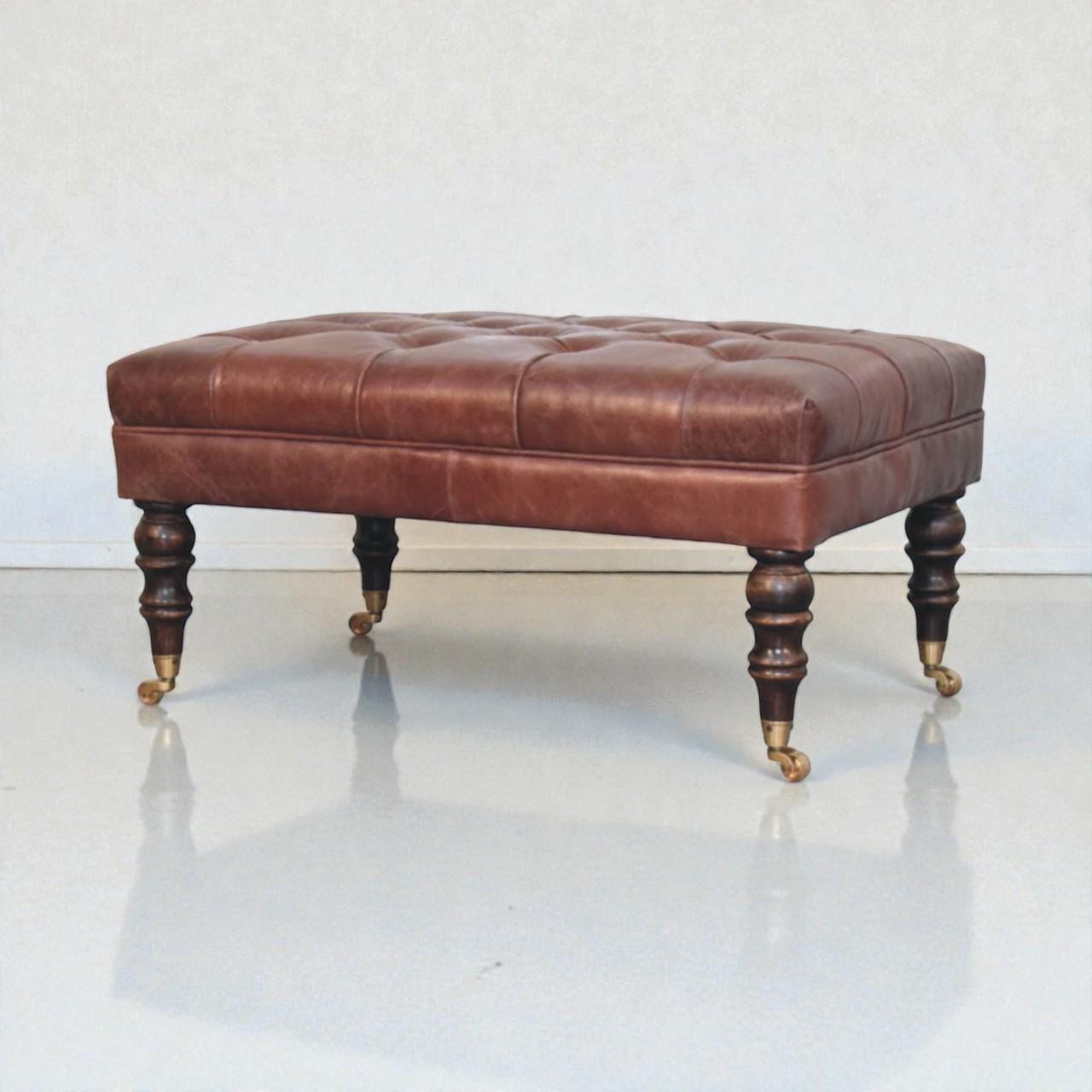 Handcrafted Buffalo Leather Ottoman  Tufted Bench with Castor Legs, Solid Mango Wood