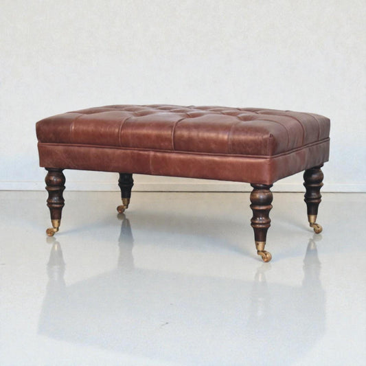 Handcrafted Buffalo Leather Ottoman  Tufted Bench with Castor Legs, Solid Mango Wood