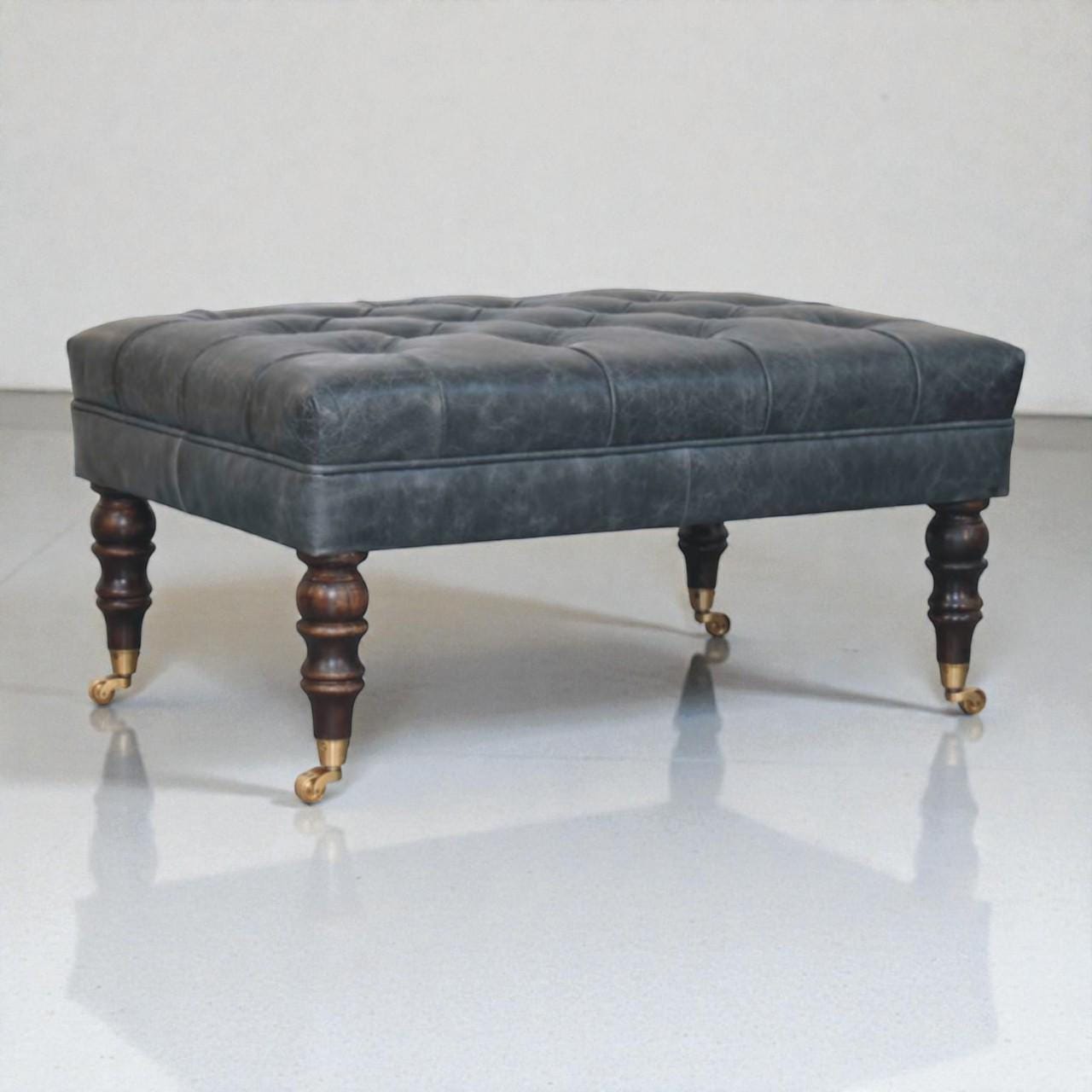 Handcrafted Buffalo Leather Ottoman with Brass Castor Legs  Teal Tufted Bench