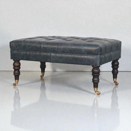 Handcrafted Buffalo Leather Ottoman with Brass Castor Legs  Teal Tufted Bench