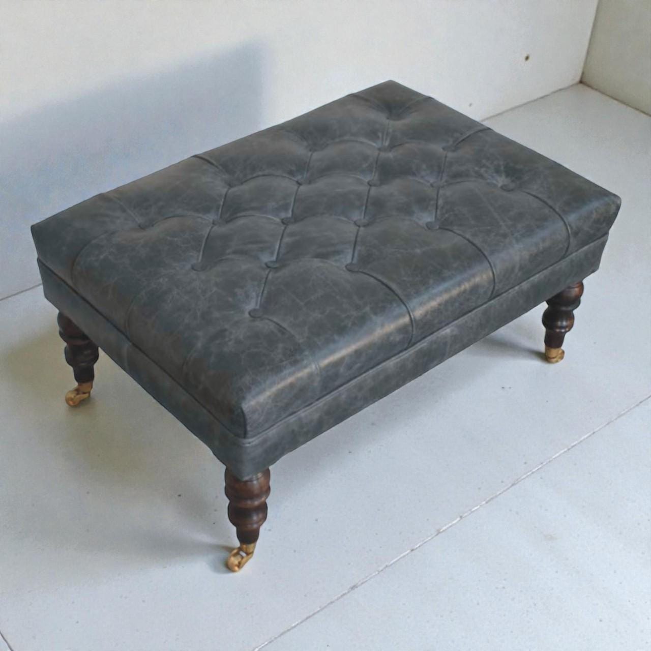 Handcrafted Buffalo Leather Ottoman with Brass Castor Legs  Teal Tufted Bench