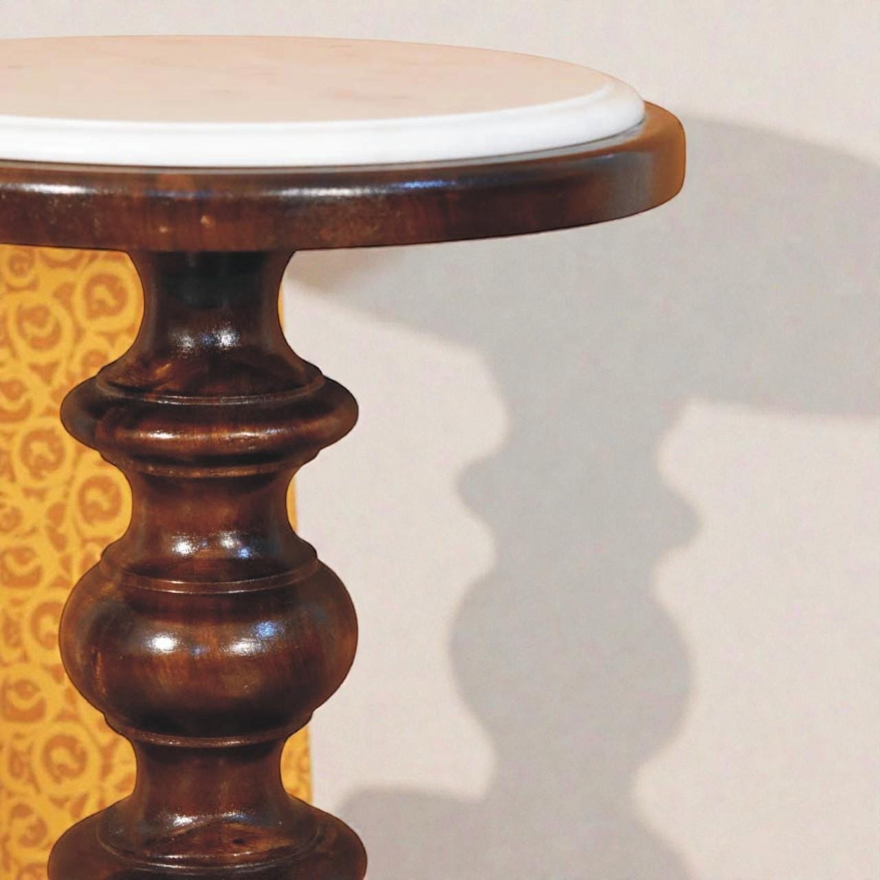 Handmade Marble Top Side Table | Solid Mango Wood Pedestal