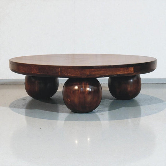 Solid Wood Round Coffee Table with Ball Feet - California Walnut Finish - Handcrafted Mango Wood