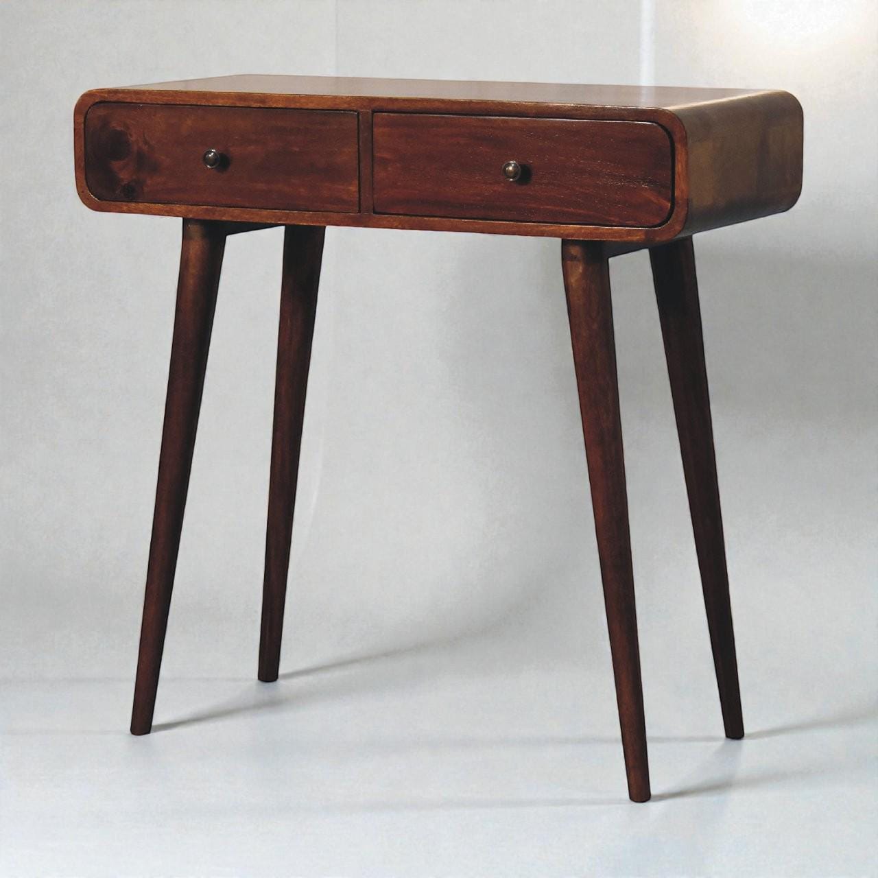 Chestnut Curved Hallway Console Table | Solid Mango Wood Entryway Table | Mid-Century Nordic Design