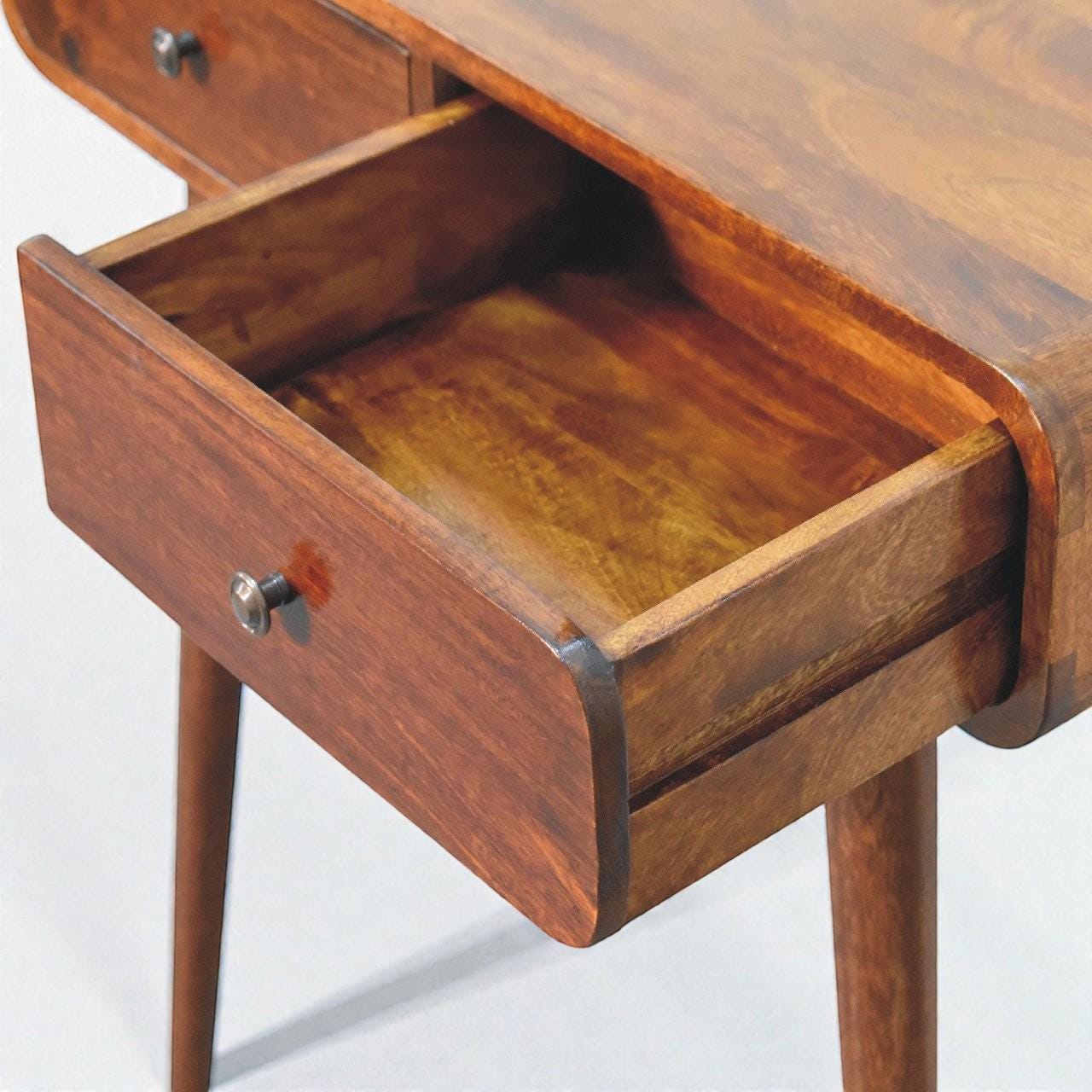 Chestnut Curved Hallway Console Table | Solid Mango Wood Entryway Table | Mid-Century Nordic Design