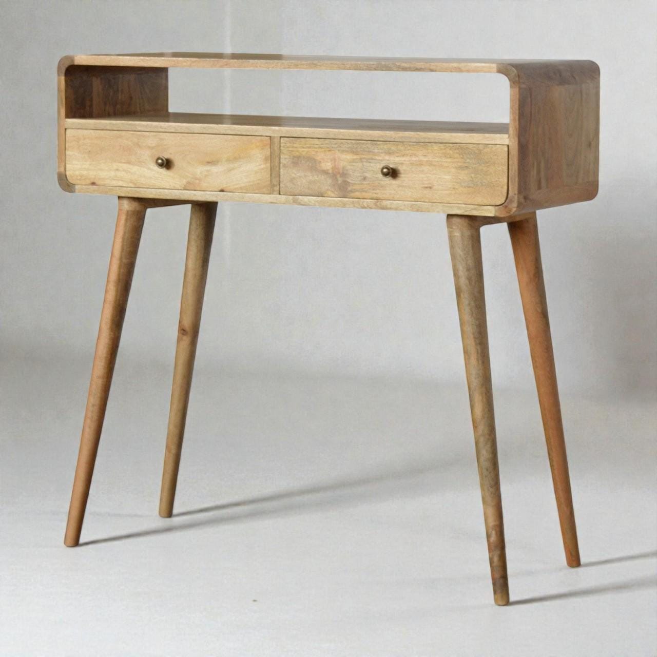 Curved Oak-Finish Console Table – Solid Mango Wood | Nordic Legs | Entryway & Living Room Storage