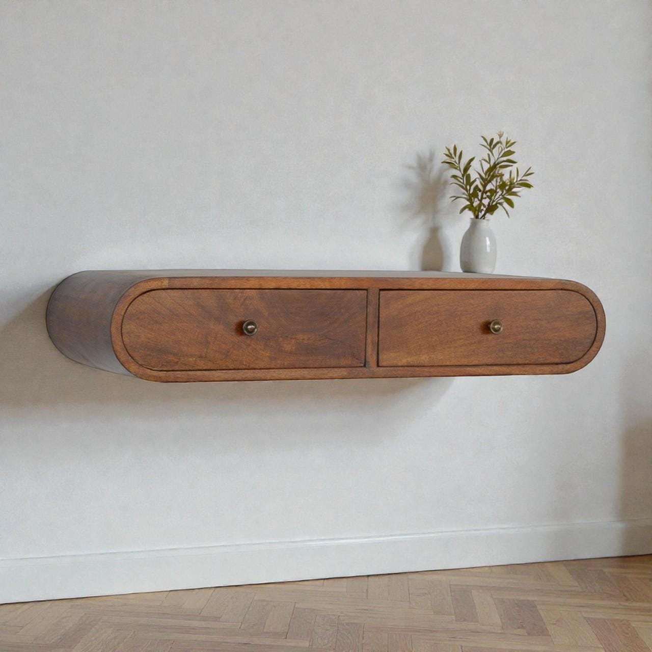 Floating Chestnut Curved Wall Console with Drawers – Solid Wood Storage Shelf