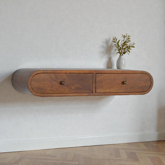Floating Chestnut Curved Wall Console with Drawers – Solid Wood Storage Shelf