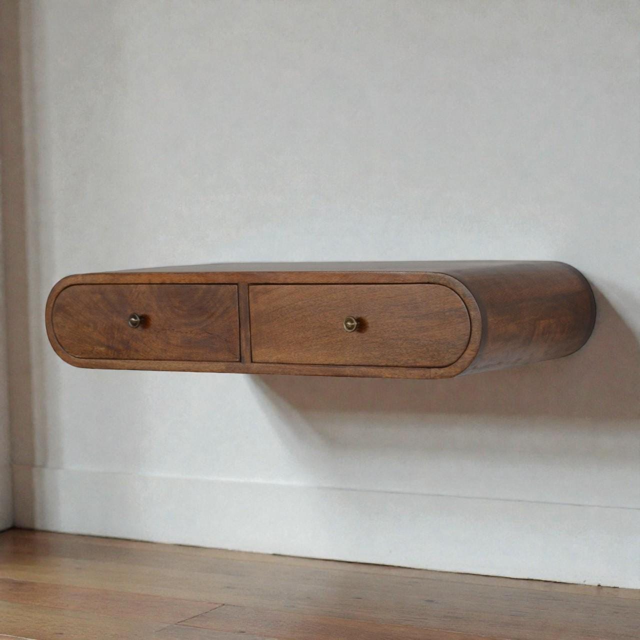 Floating Chestnut Curved Wall Console with Drawers – Solid Wood Storage Shelf