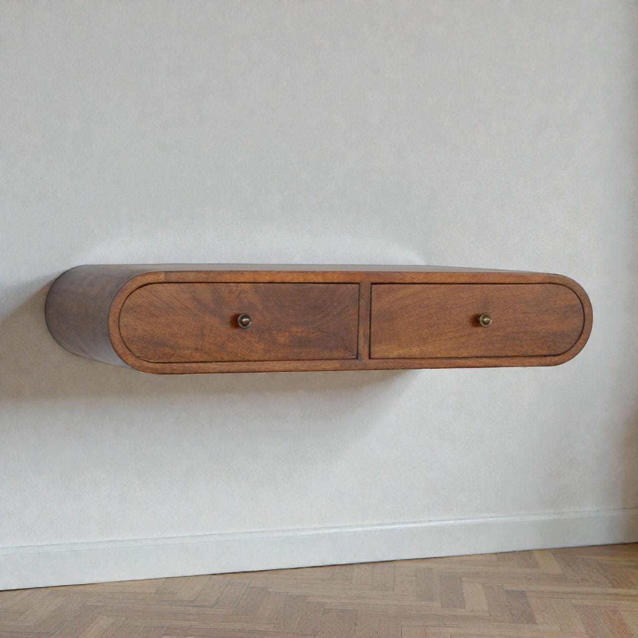 Floating Chestnut Curved Wall Console with Drawers – Solid Wood Storage Shelf