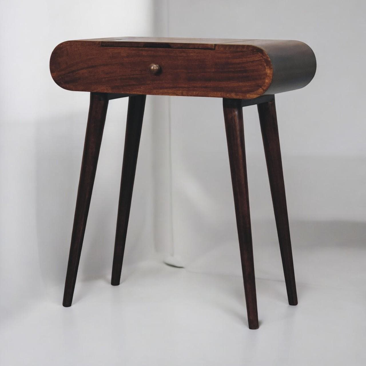 Mini California Walnut Dressing Table - Solid Mango Wood Vanity | Foldable Mirror | Scandinavian Makeup Table