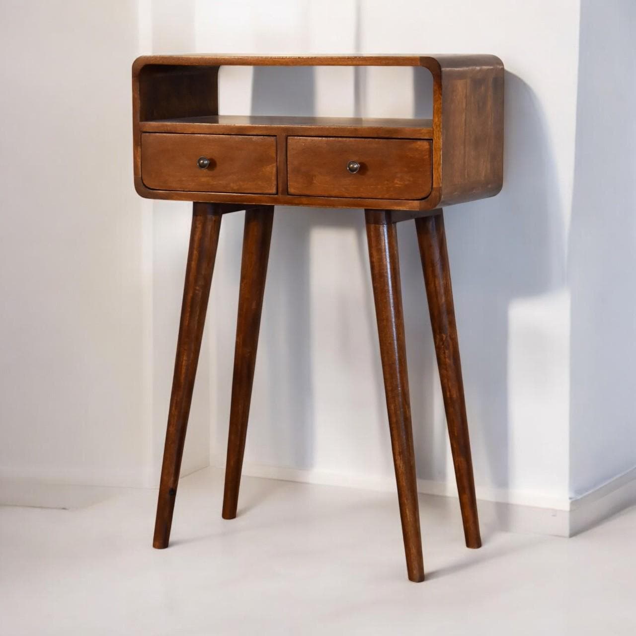 Chestnut Console Table with Drawers | Solid Mango Wood Nordic Console | Compact Hallway & Bedroom Storage